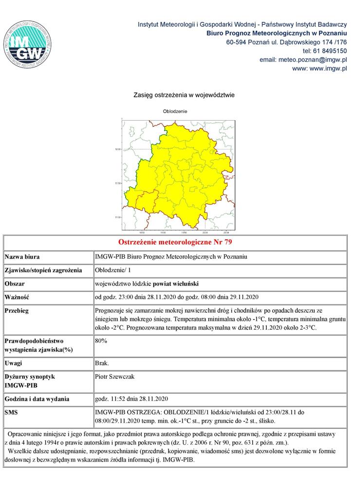 Ostrzeżenie meteorologiczne 28.11.2020 r. - Oblodzenie