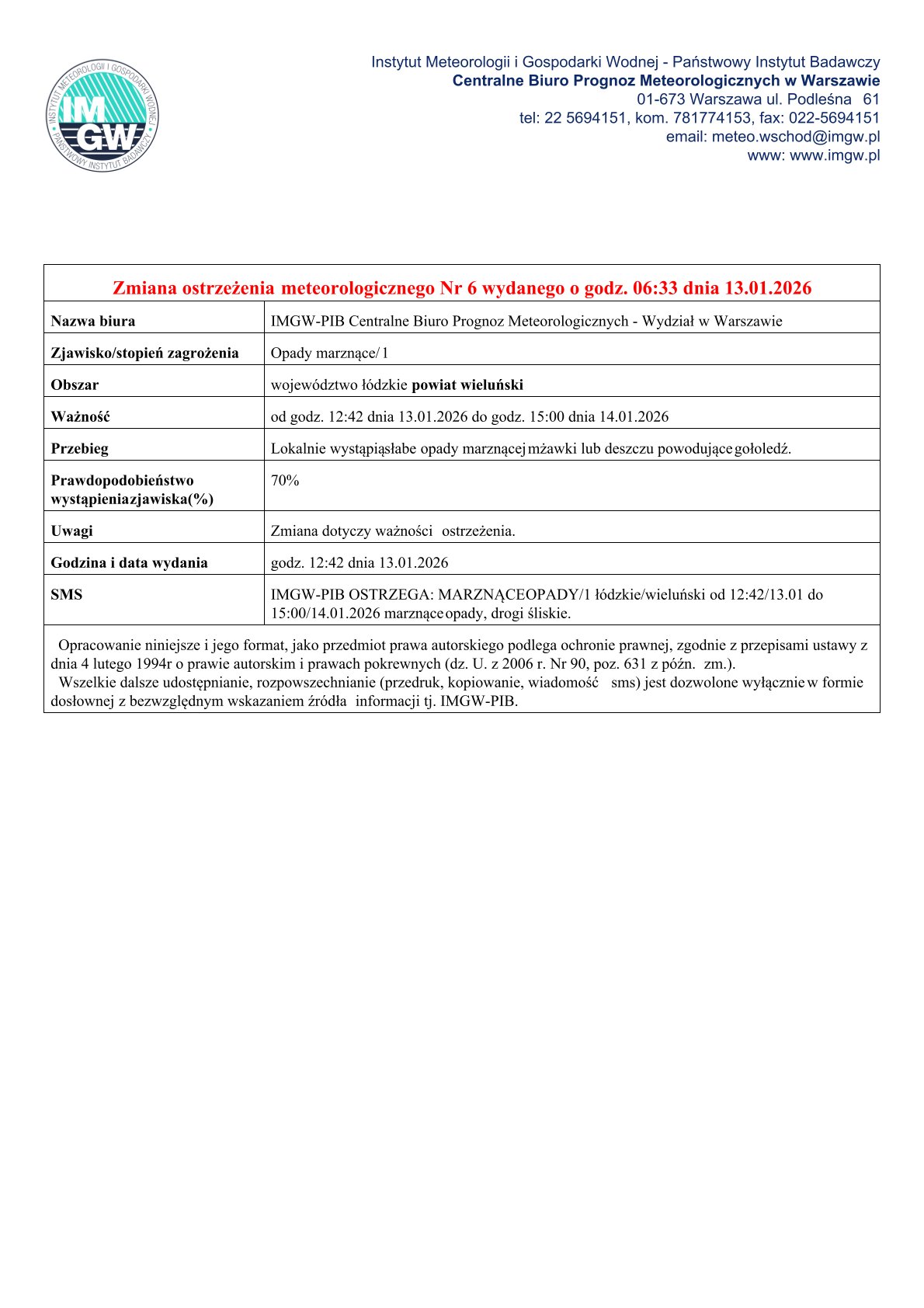13.01.2026 ostrzeżenie zmiana